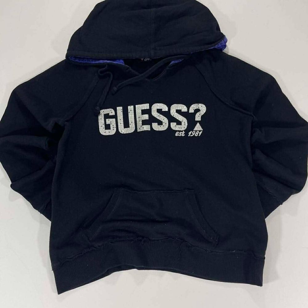 VINTAGE GUESS BLACK HOODIE WITH BLUE LEOPARD LINING (M)