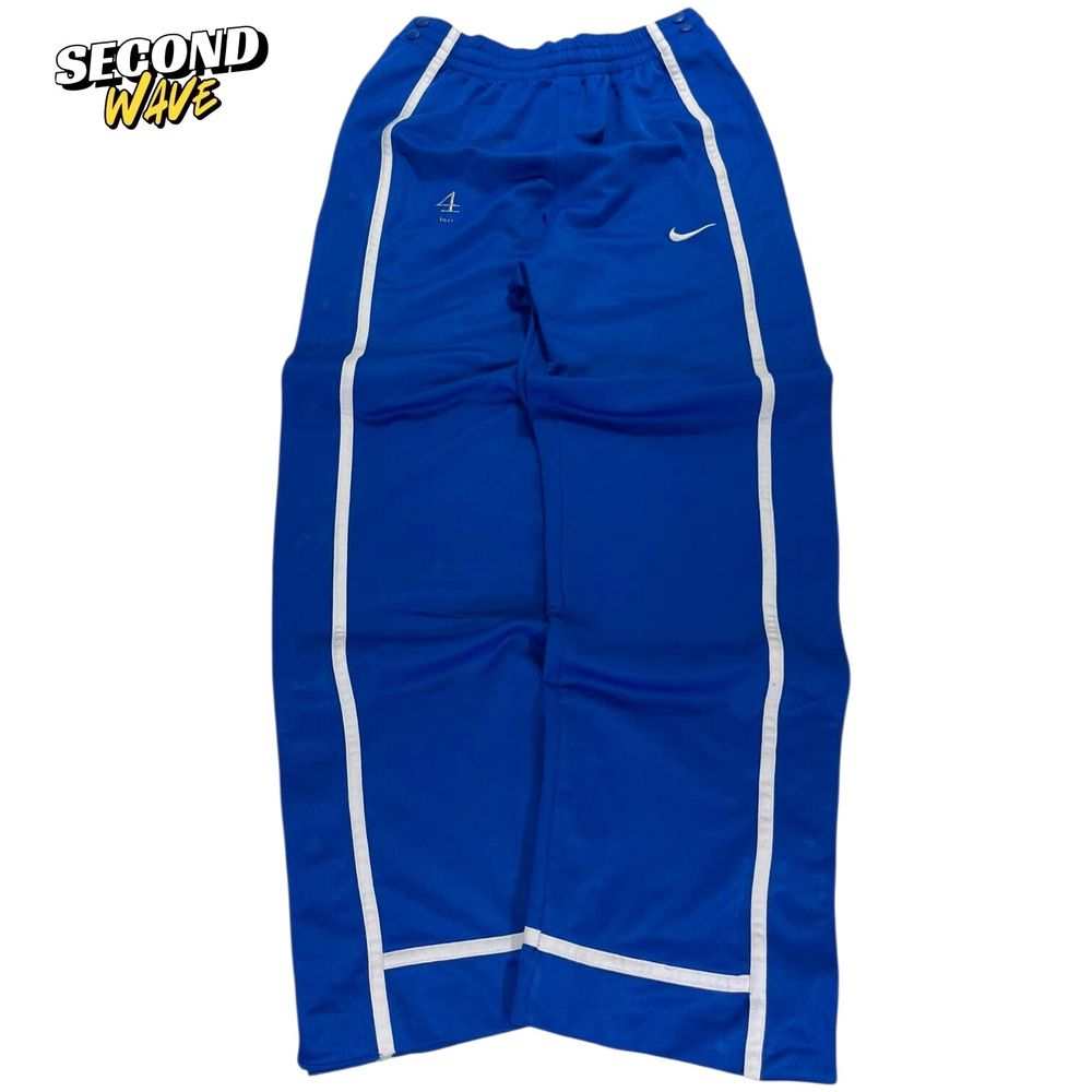 NIKE BLUE SNAP ON TRACK PANTS WITH WHITE STRIPES AND BUTTON FLY (S-M)