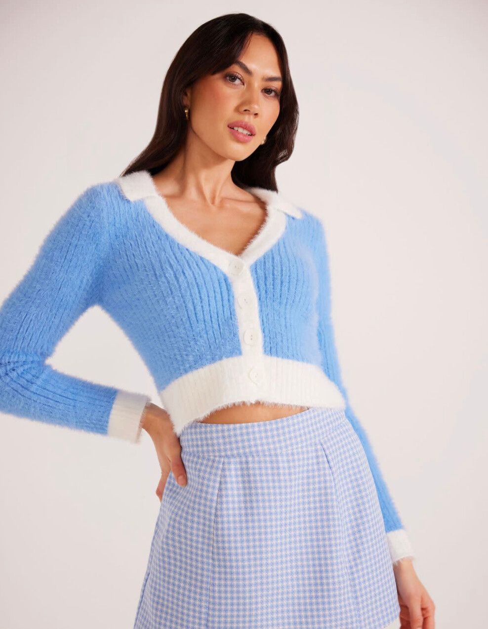 MINKPINK Josephine Fluffy Knit Cardigan - Blue and White