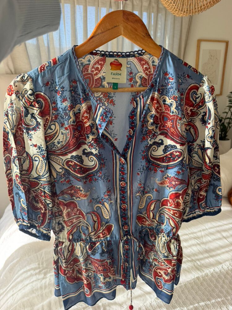 FARM Rio Paisley Cotton/Viscose Blouse — Size L — BNWOT — RRP $479