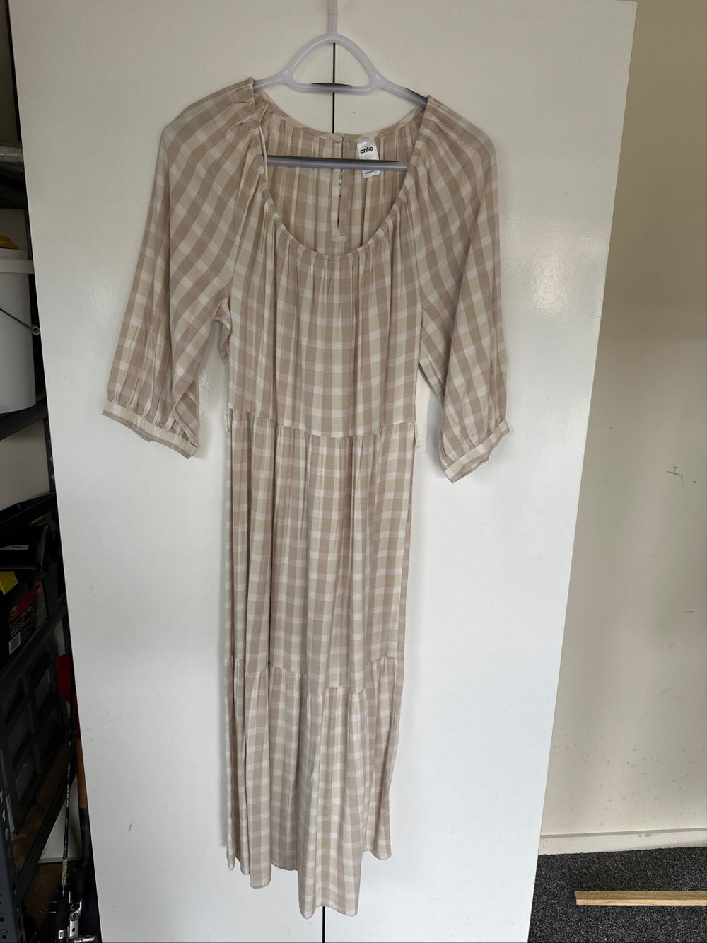 Fawn Checkered Long Tiered Baby Doll Dress