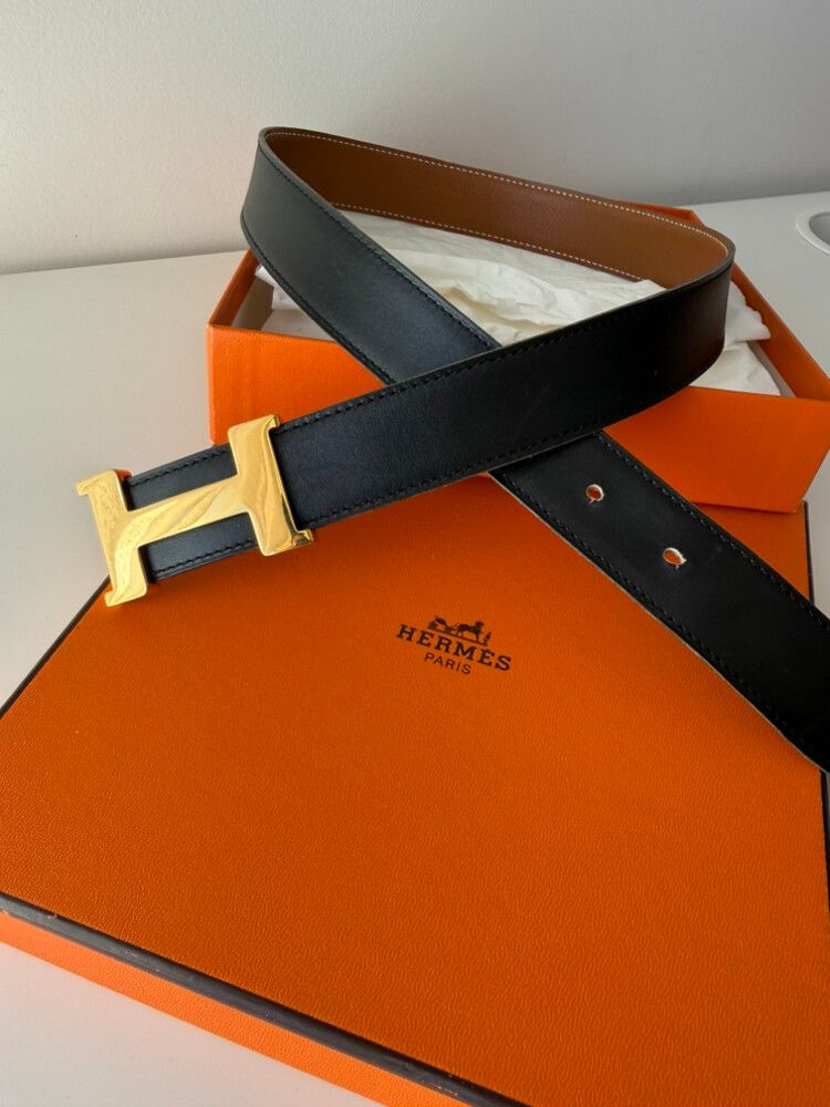 Vintage 90s Hermès H Belt 70 Gold Buckle Black Leather with Box