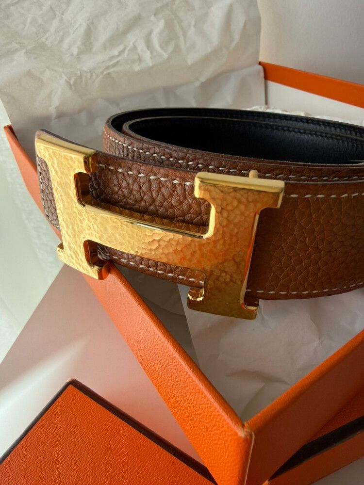Vintage Hermès Constance Reversible Belt - Martelée Hammered Gold H Buckle - Size 70