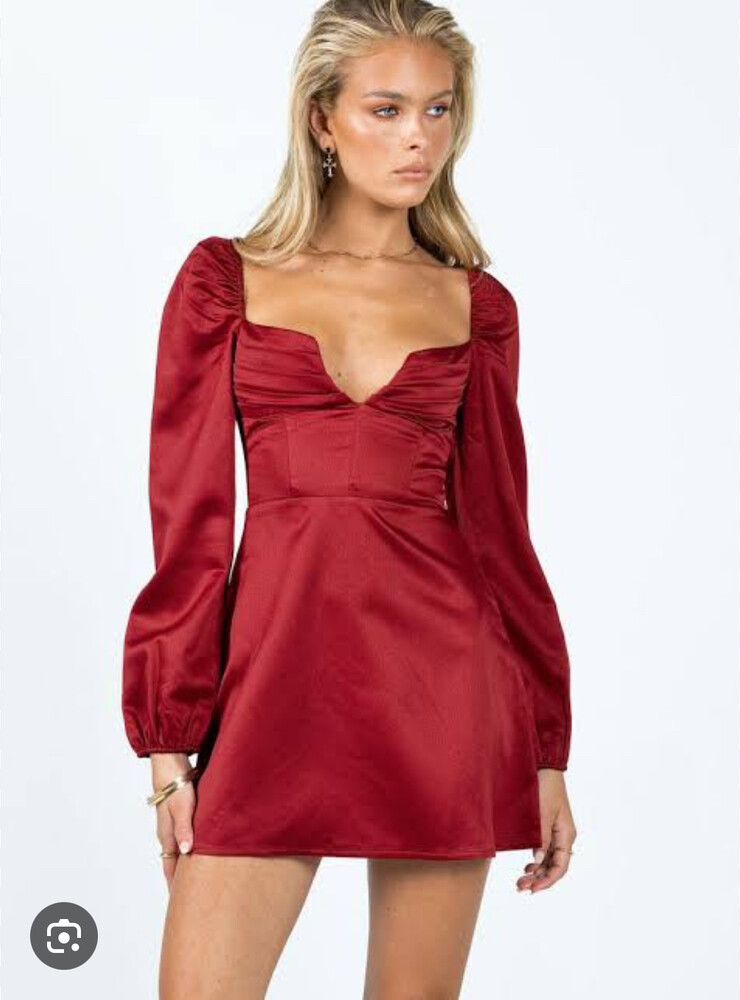 Princess Polly - Della Long Sleeve Mini Dress - Burgundy on Designer Wardrobe Princess Polly - Della Long Sleeve Mini Dress - Burgundy on Designer Wardrobe