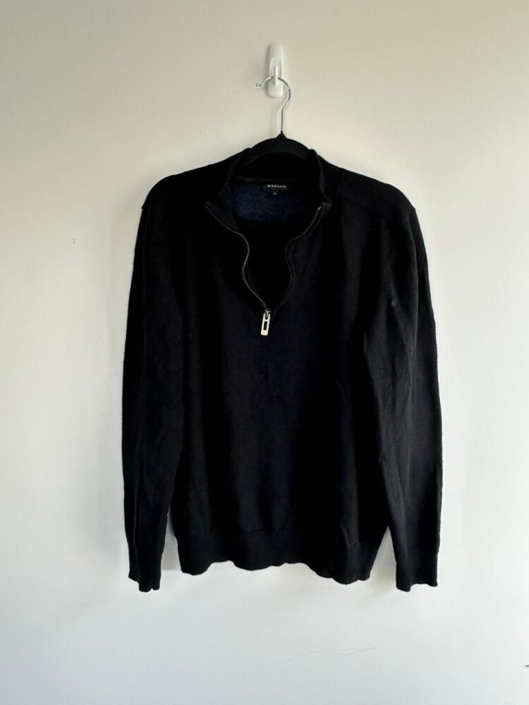 Berlin Black Merino Wool Zip Neck Jumper
