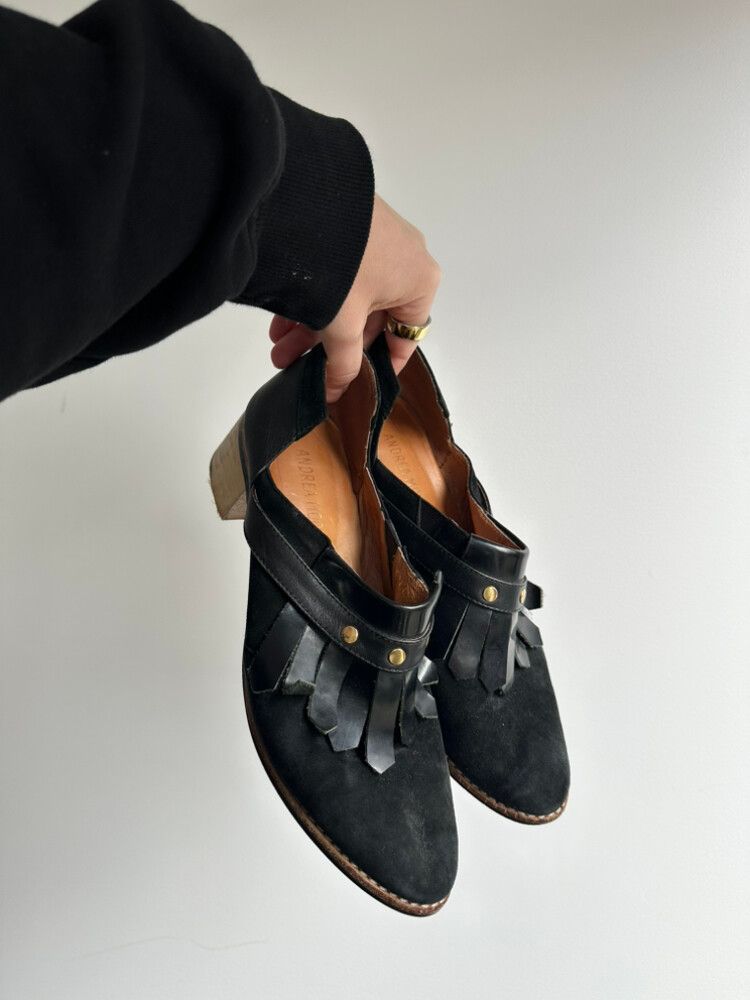 Andrea Moore Black Suede Fringe Mules