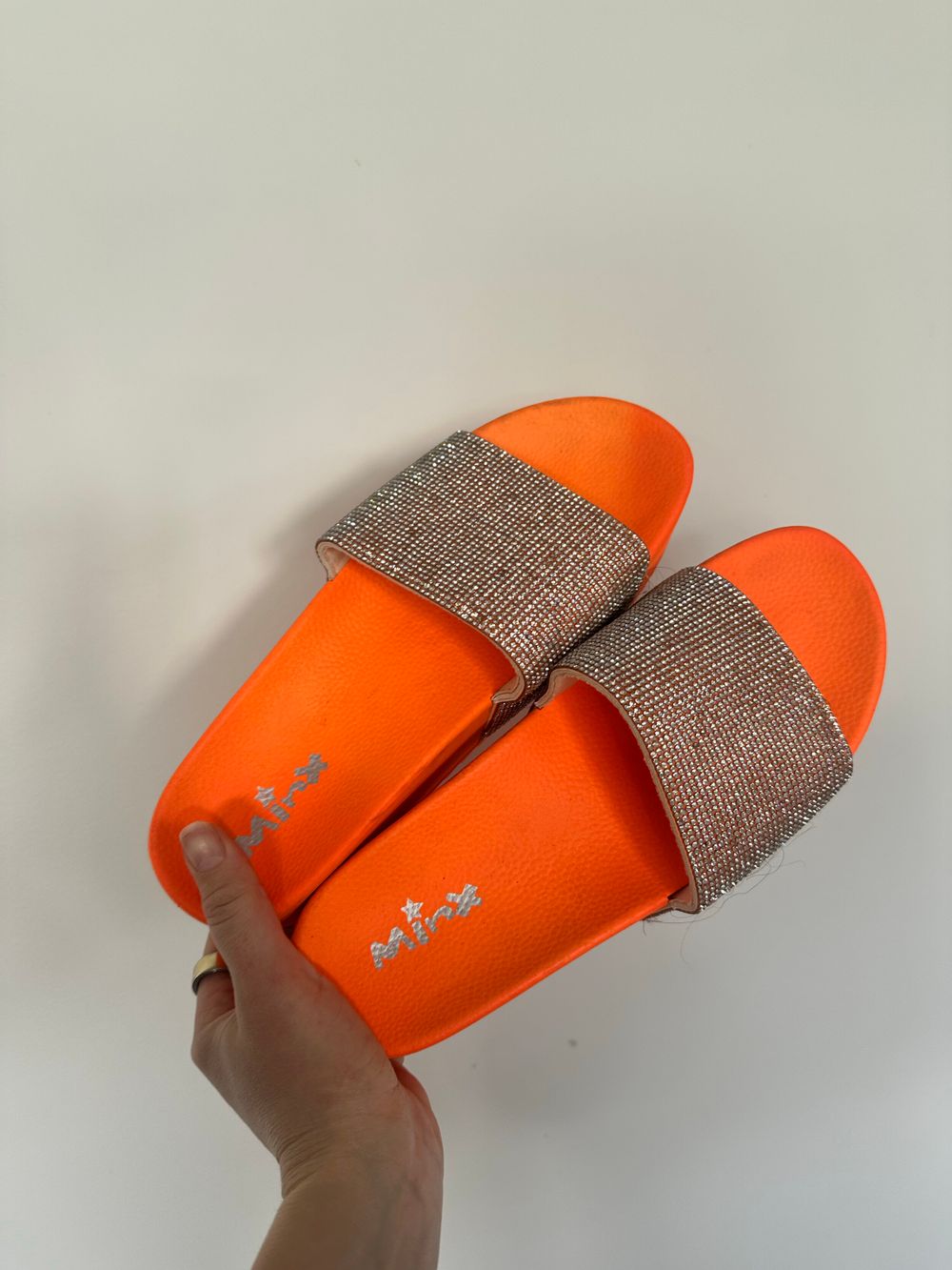 MINX Orange Rhinestone Platform Slides