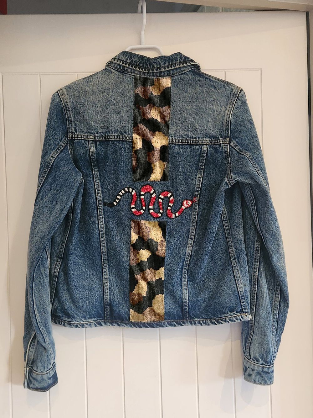 Demin jacket, one of a kind hand beaded.