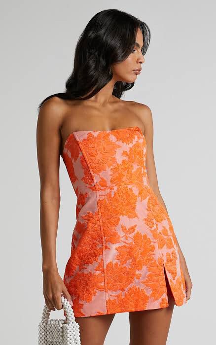 Showpo - BRAILEY STRAPLESS MINI DRESS IN ORANGE JACQUARD on Designer  Wardrobe