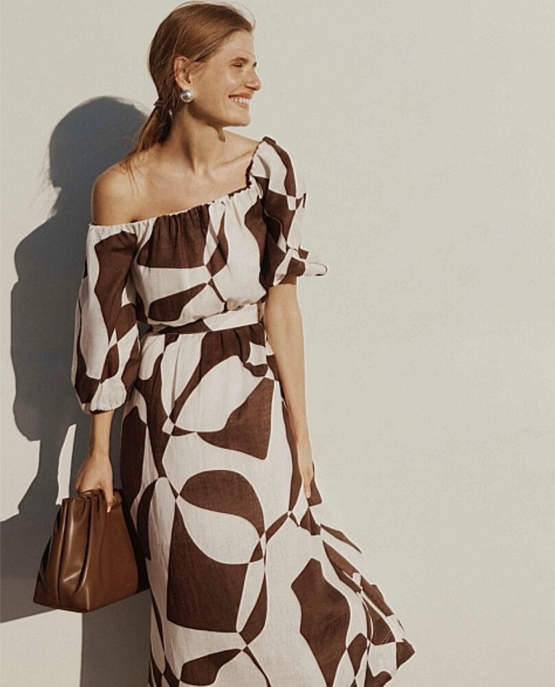Country Road linen  chocolate and White Off Shoulder Midi Dress