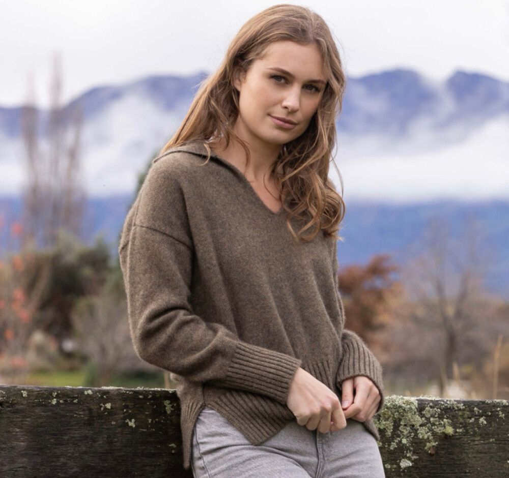 Noble Wilde Khaki Possum Merino Silk V Neck Jumper With CollarJumper Size 14