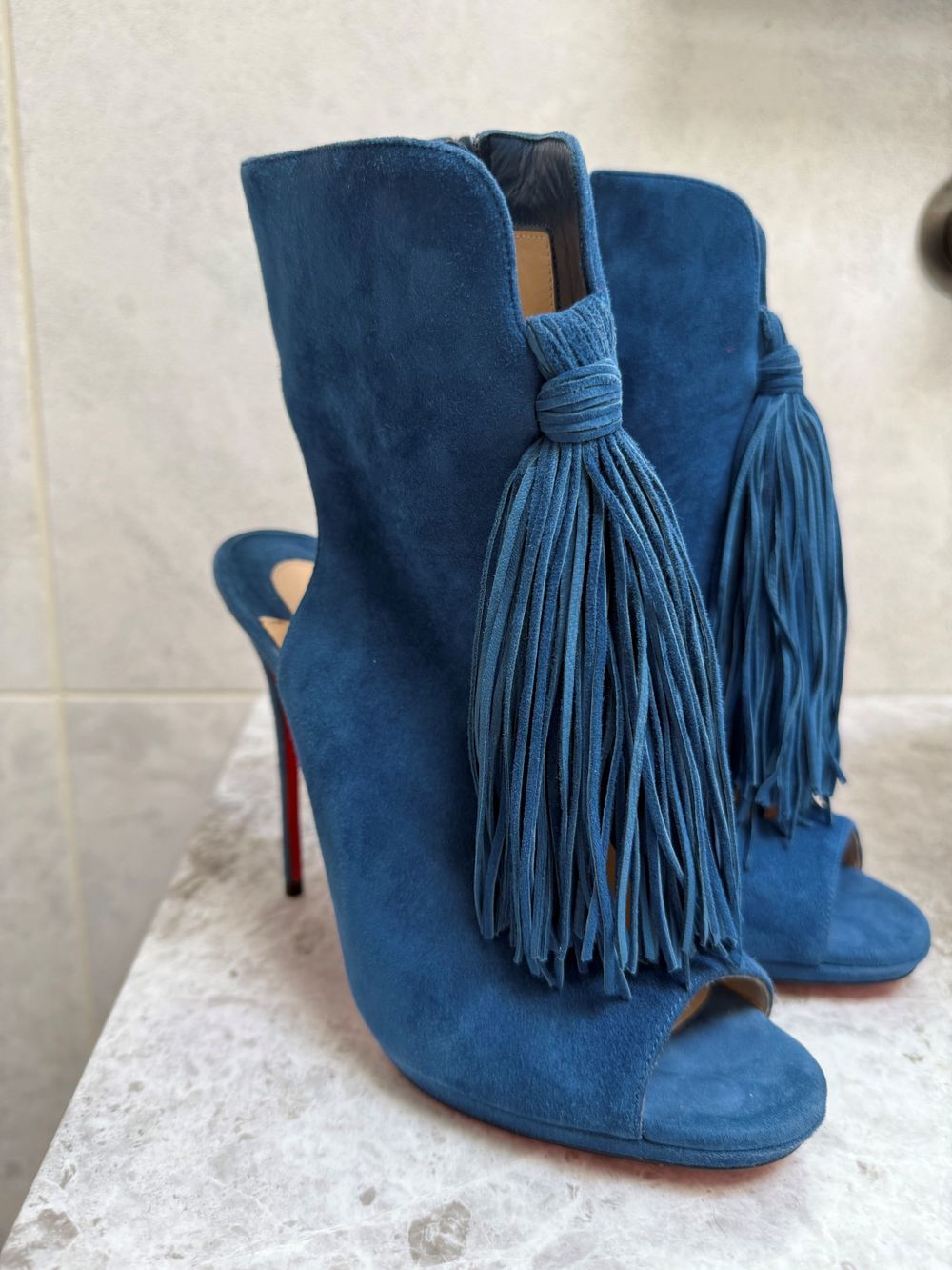BRAND NEW - CHRISTIAN LOUBOUTIN Blue Suede OTOKA Tassel ANKLE BOOTS Open Toe