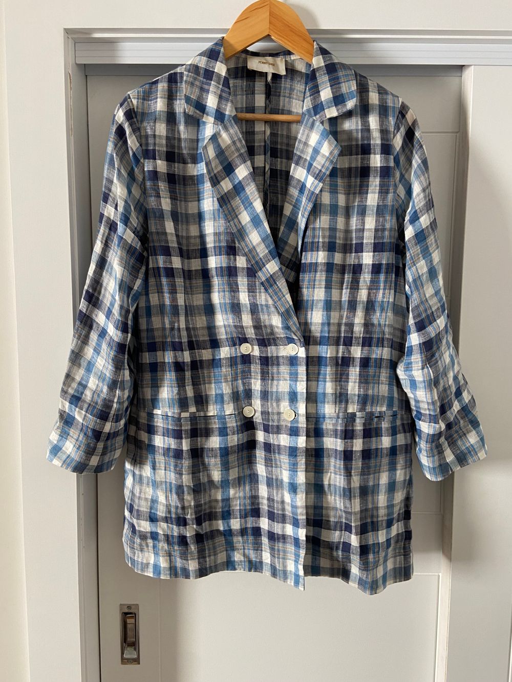 Penny Sage Blue Plaid Linen Blazer