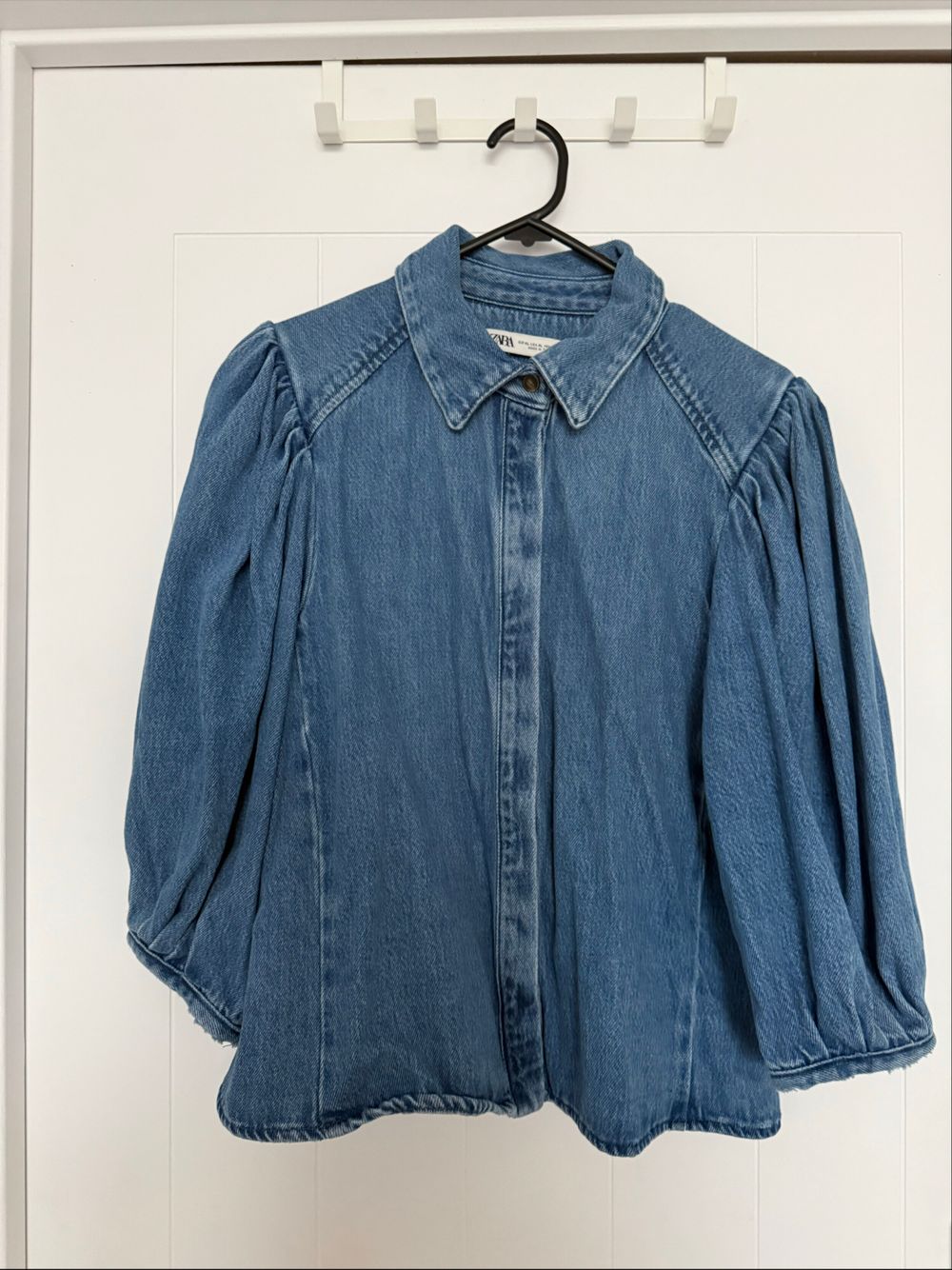 Zara Blue Denim Puff Sleeve Shirt