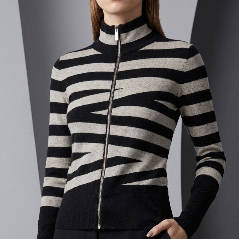 Karen Millen Black And Grey Striped Zip-Up Cardigan