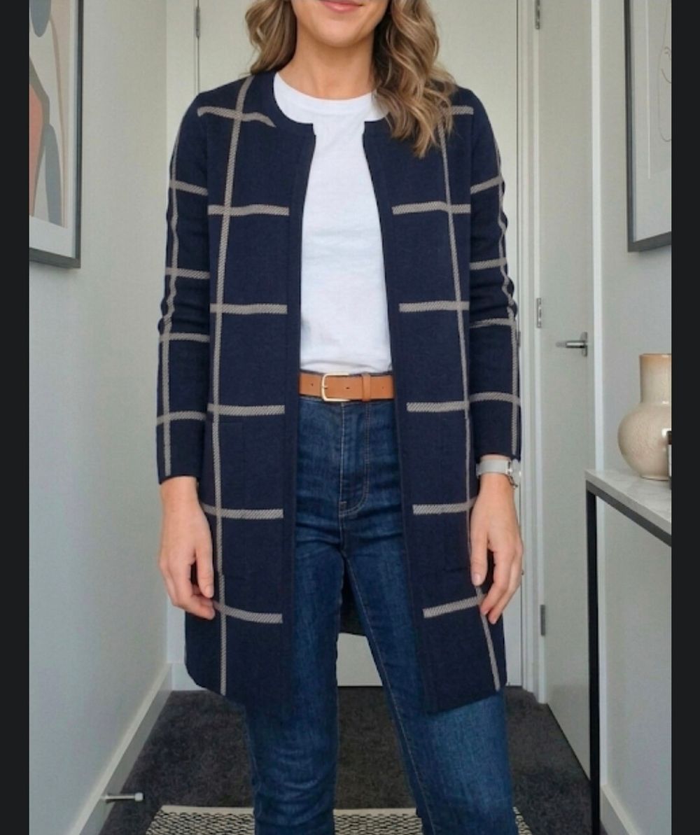 Jacqui E Navy Windowpane Cardigan