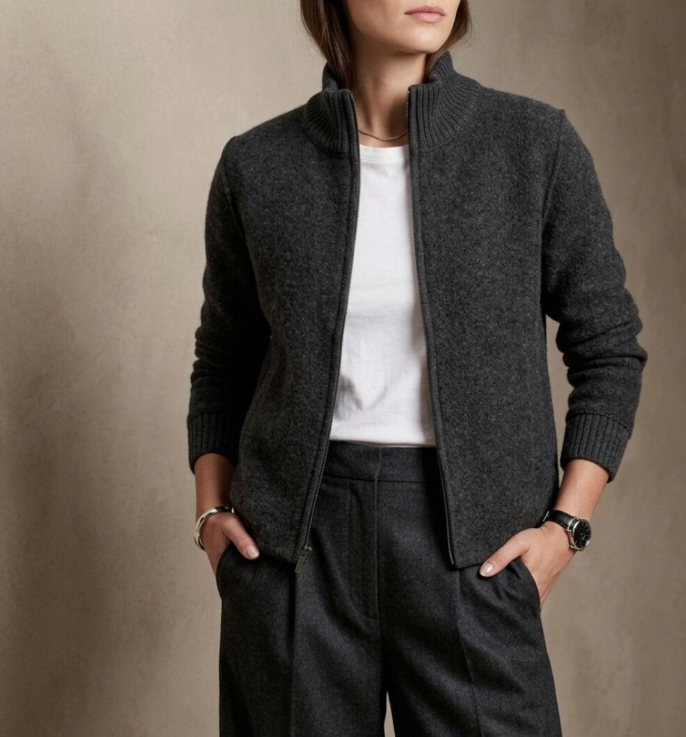 Blue Illusion Wool Grey Zip-Up Knit Jacket