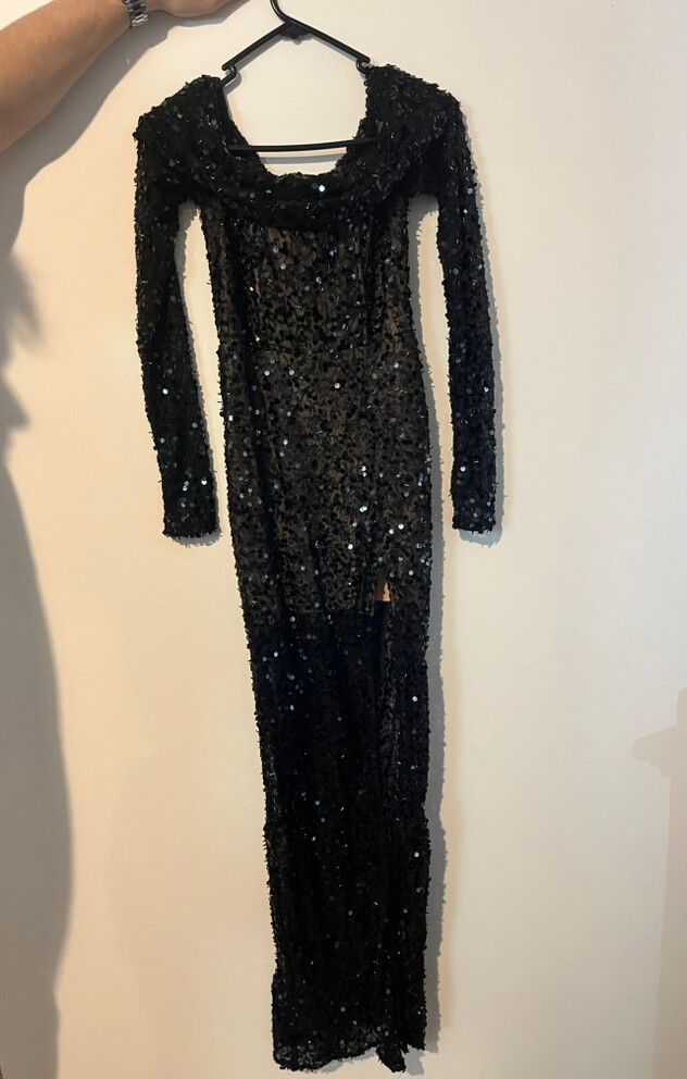 Alexandra Maxi Dress- Sequin Off Shoulder Leg Split Dress in Black