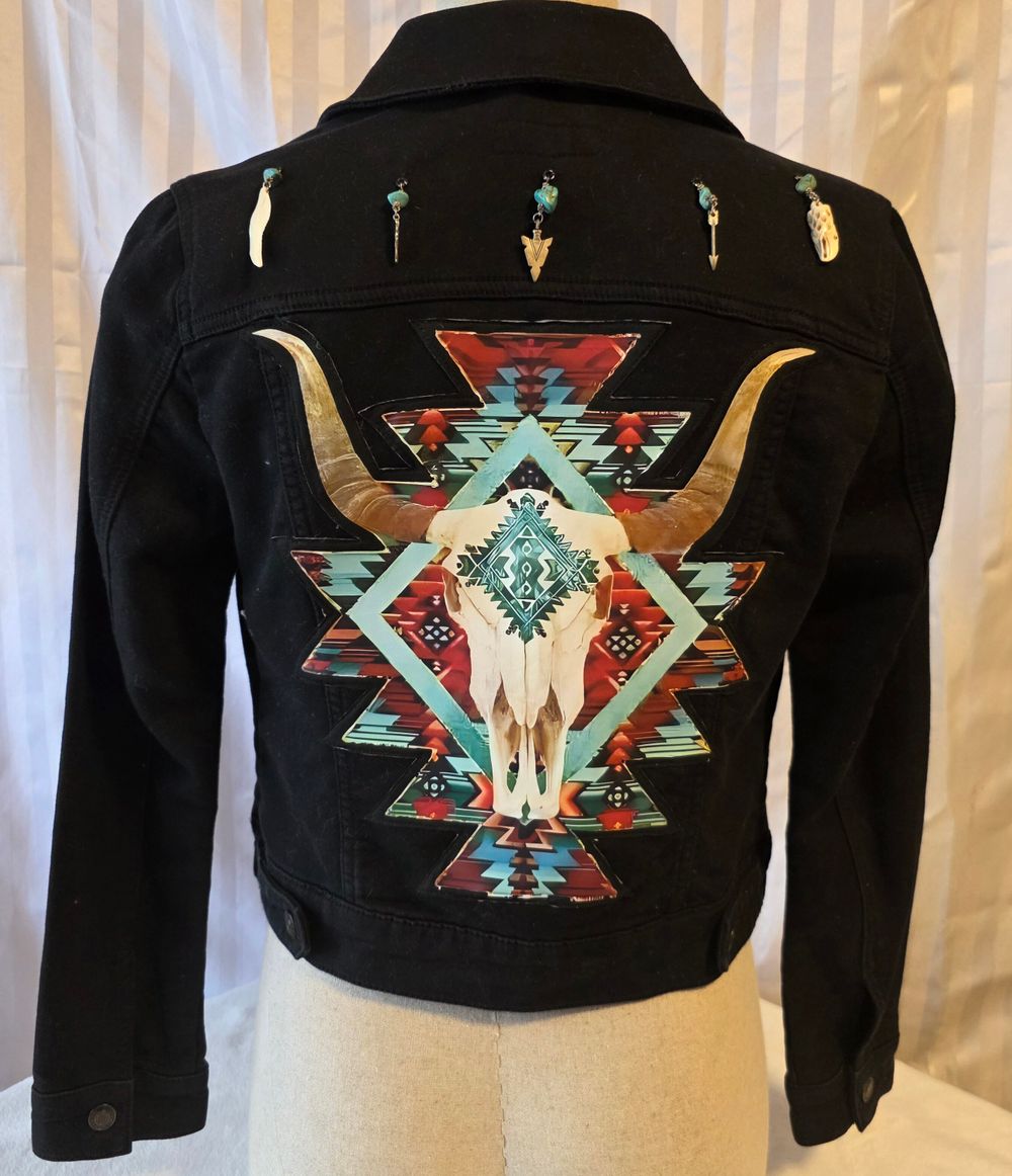 "Boho Bull" Up-cycled black jacket Sz10