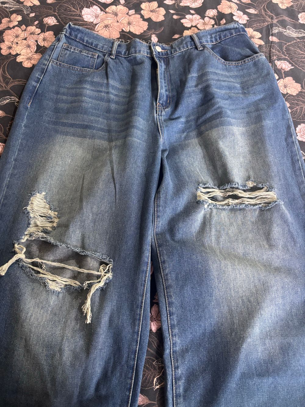 Blue Distressed Wide Leg Jeans