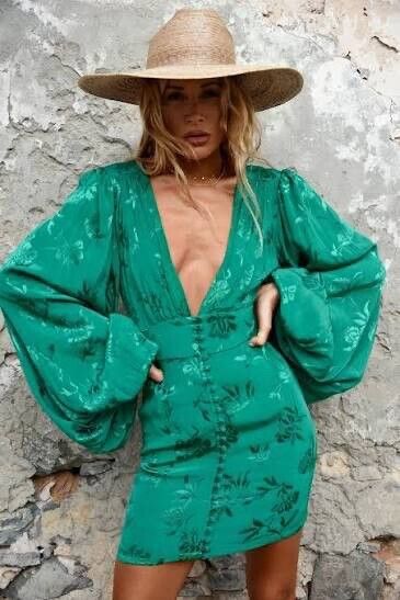Rat & Boa - Rat & Boa Isabella Mini Dress Size Large V-Neck Balloon Sleeve  Green Floral on Designer Wardrobe