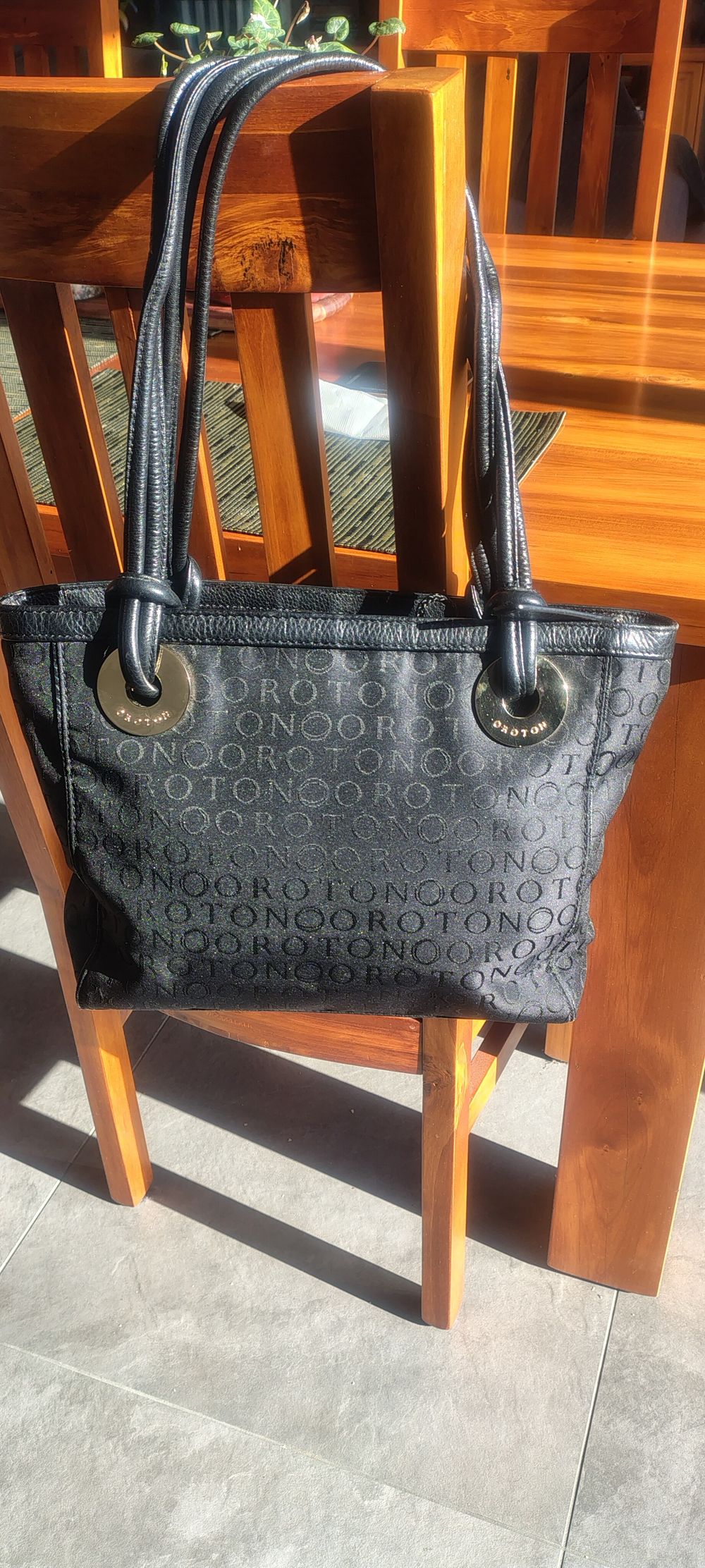 OROTON Black Jacquard Leather Monogram Tote Bag