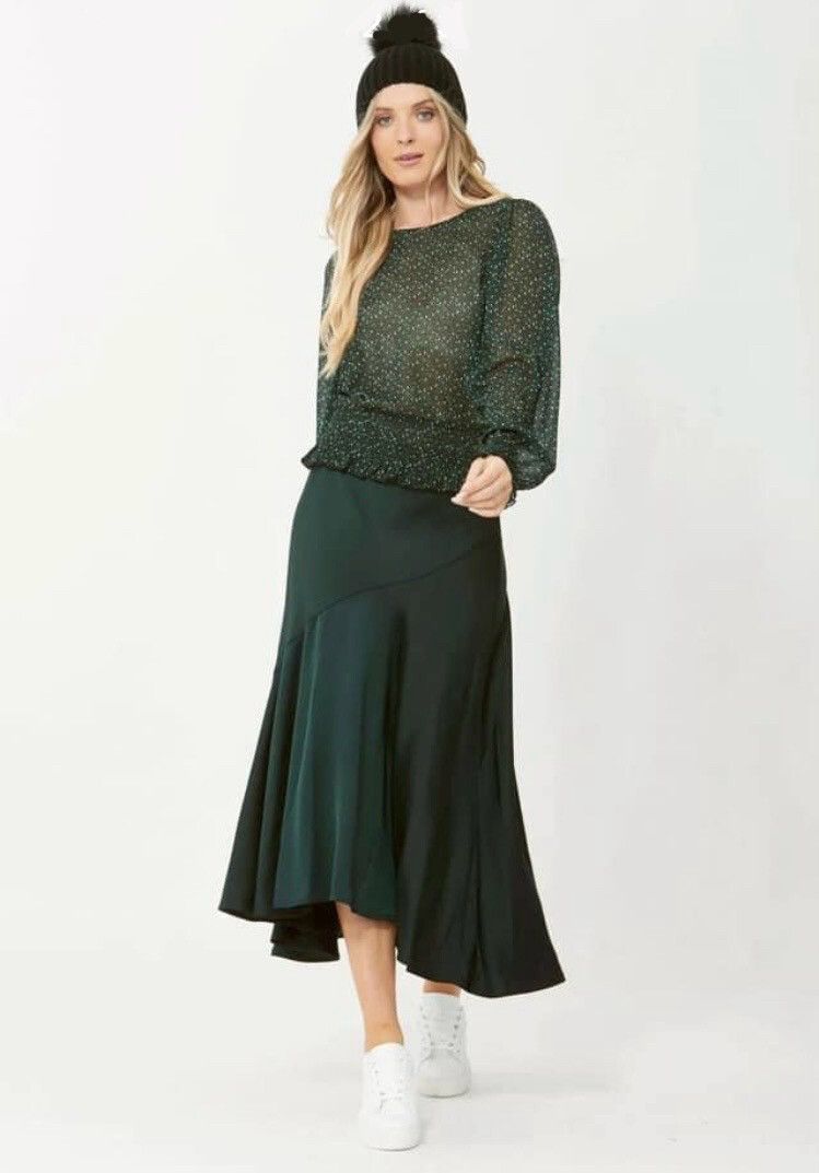 Decjuba Size S Kaya Seam Detail Skirt Moss Green Satin Midi Elastic Waist EUC