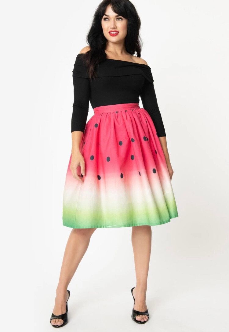 Unique Vintage Size M Watermelon Skirt Pink Green Cotton Pockets Rockabilly EUC