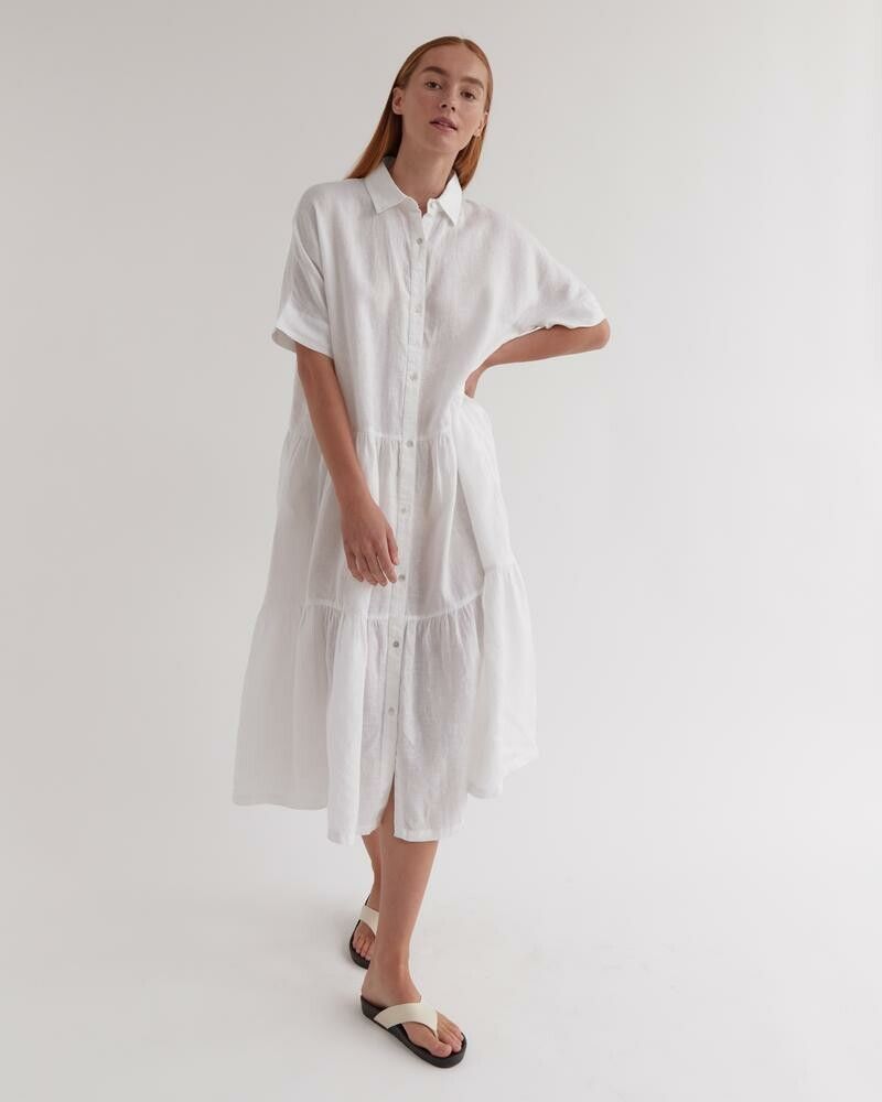 Assembly Label - Assembly Label - Tiered Linen Shirt Dress White M/L on Designer Wardrobe Assembly Label - Assembly Label - Tiered Linen Shirt Dress White M/L on Designer Wardrobe