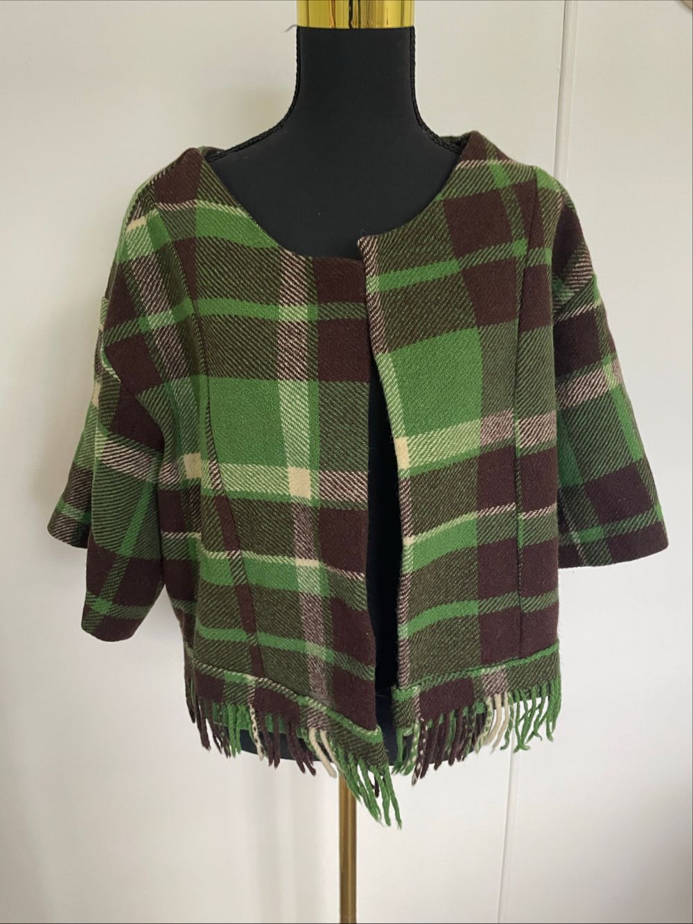 Green and Brown Plaid Fringed Poncho