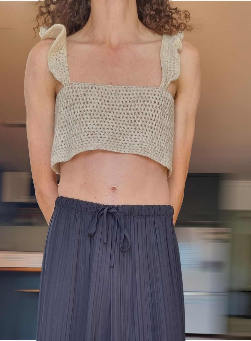 Hand crocheted tie up crop top