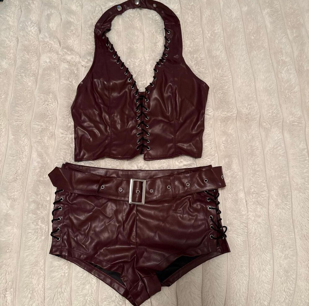 Faux leather lace-up top and shorts set