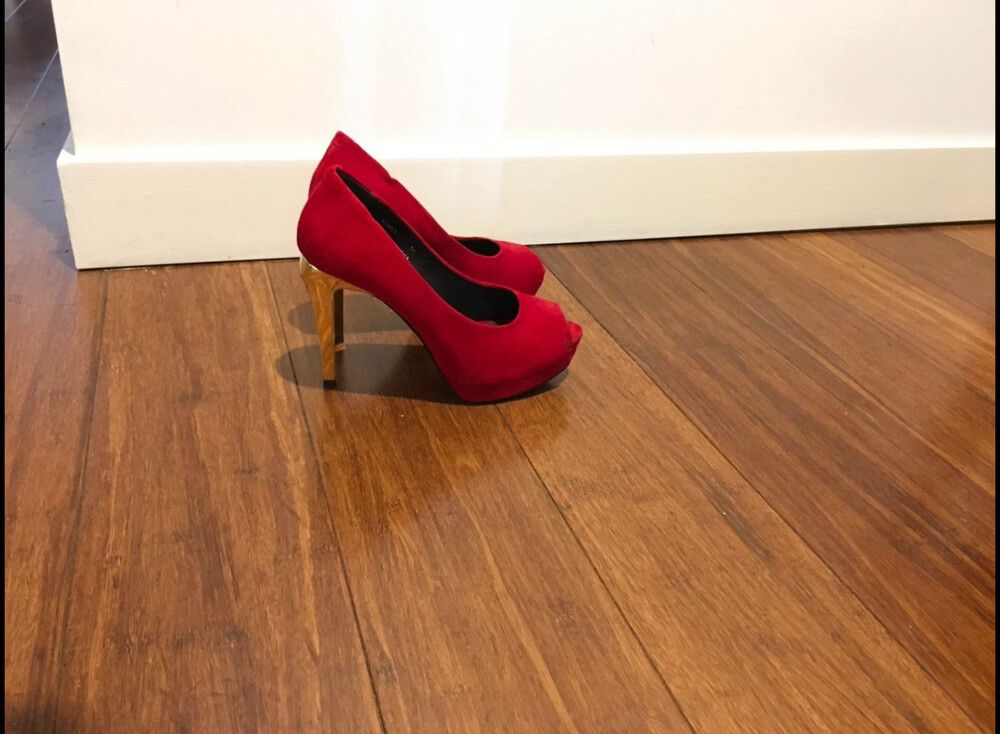 As New Gorgeous velvet red high heels with gold heels