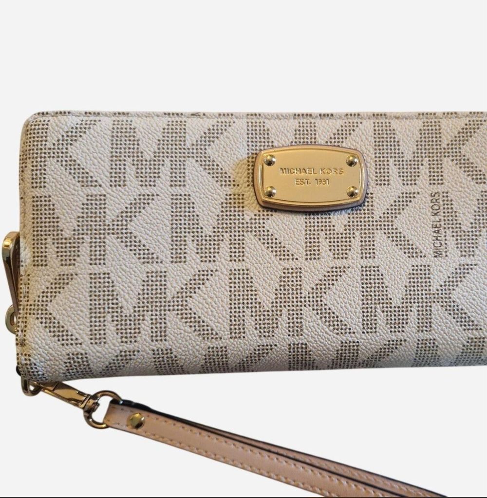 Michael Kors Beige MK Monogram Zip Wallet