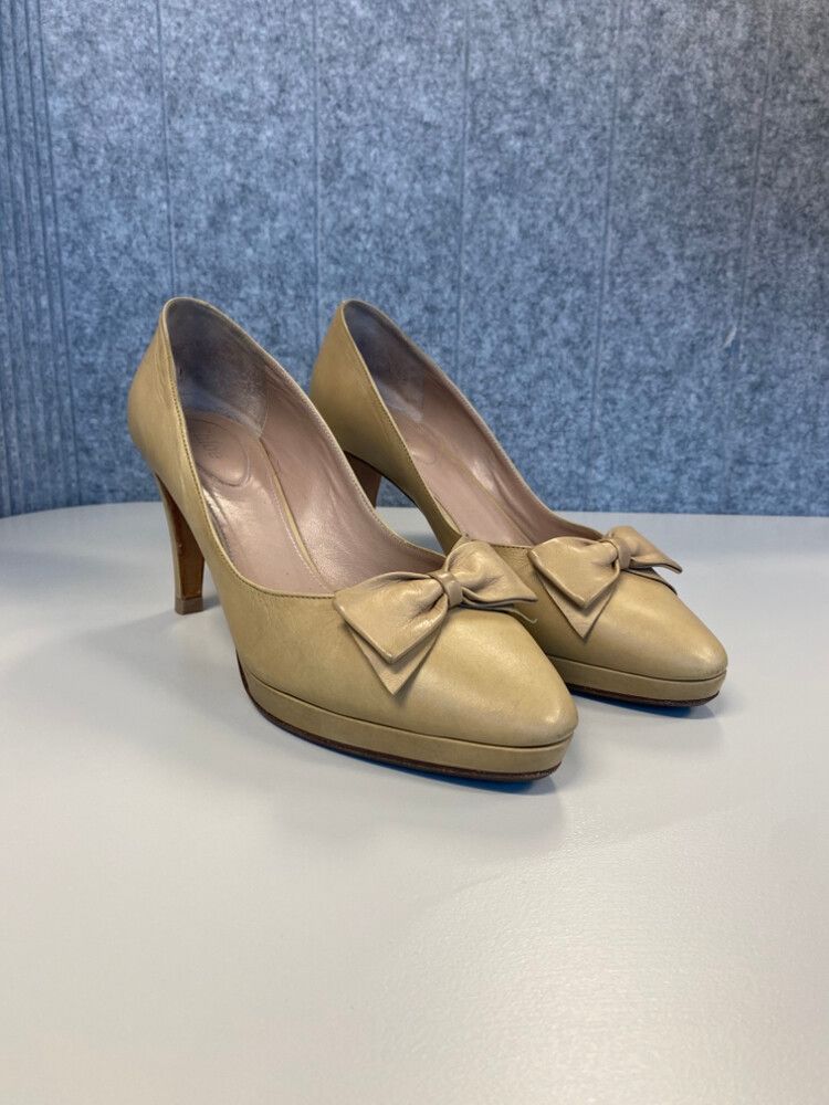 Cream Chloe Leather Heels - Bow Detail