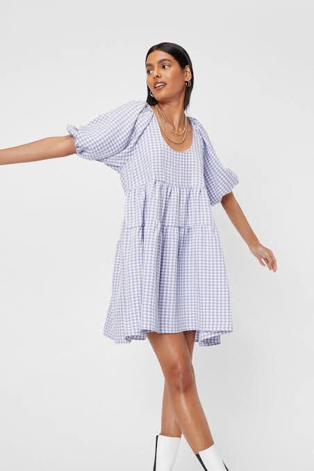 new purple plaid nasty gal babydoll puff sleeve dress