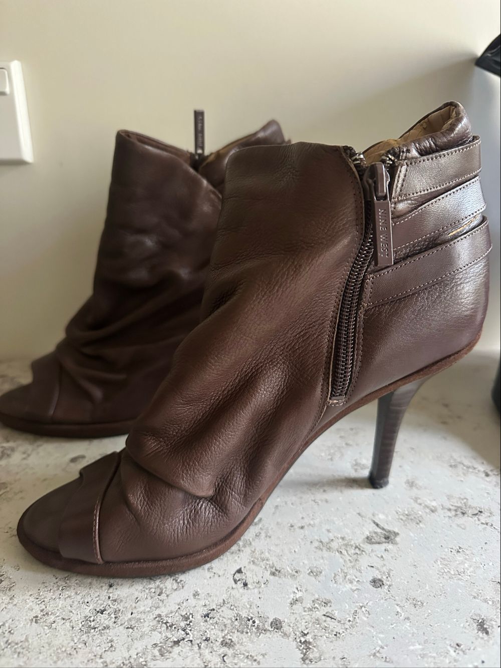 Nine West Brown Leather Peep-Toe Boots
