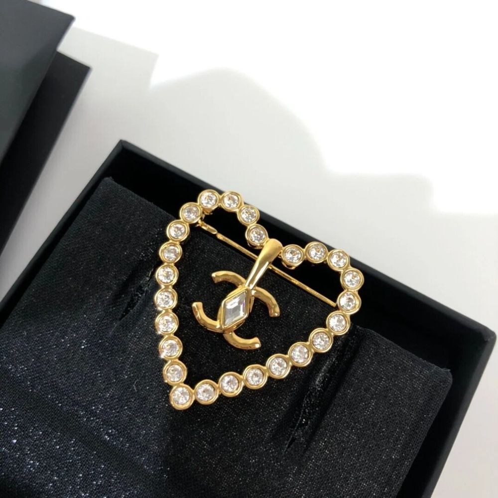 Authentic Chanel Heart Crystal Brooch in Gold-Tone