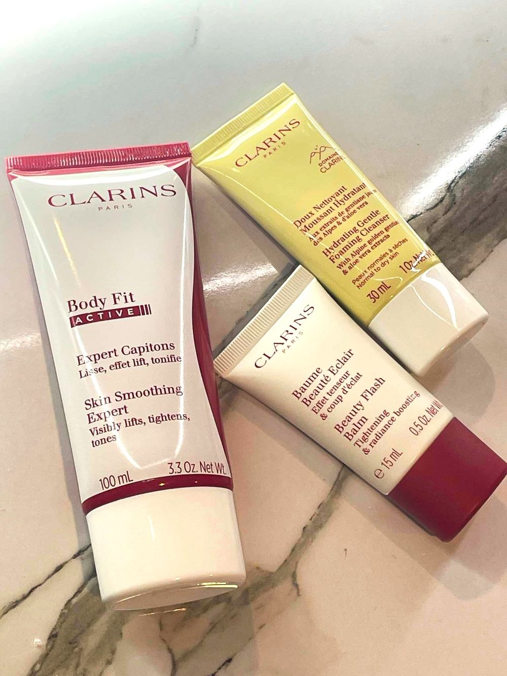 Brand New Clarins Beauty Flash Balm, Foaming Cleanser & Body Fit Active Set With Makeup Bag