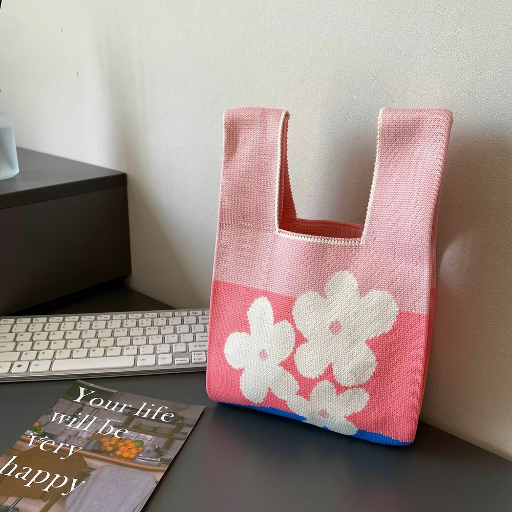 Brand New Pink Cute As Floral Knitting Colourful Handbag With Bag Strap
