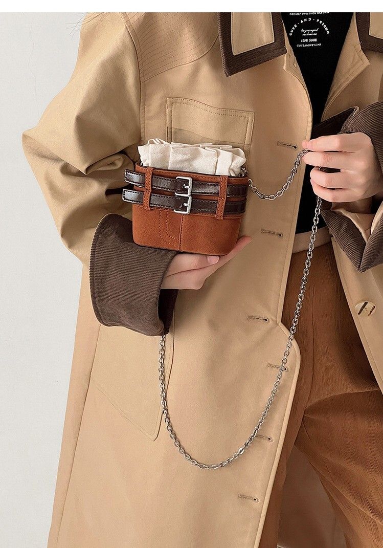 Brand New Caramel Brown Buckle Detail Mini Chain Crossbody Bag