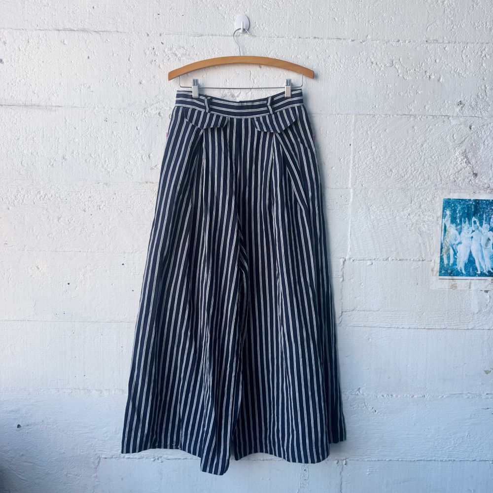 Ingrid Starnes Linen Ultra Wide Leg Tailored Pant | Black White Stripe | Size 10 | RRP $350