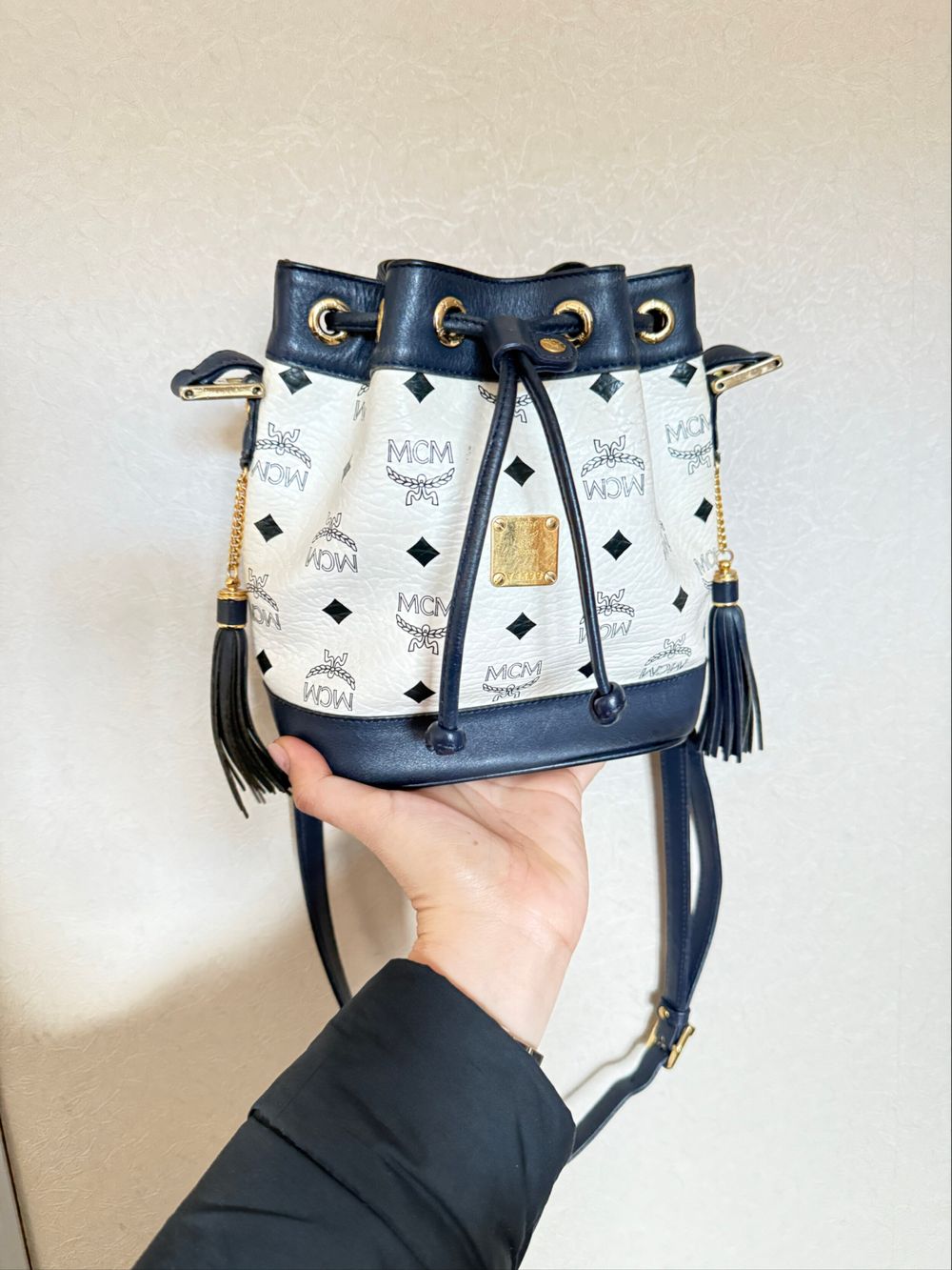 MCM White and Navy Bucket Bag