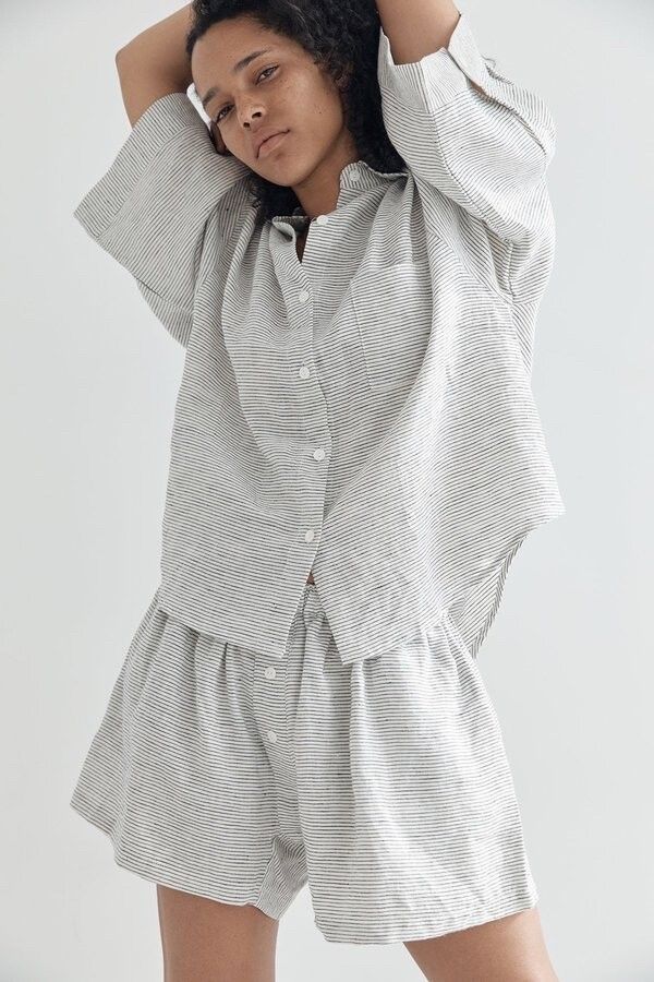 Classic Deiji Studios Pure French Flax Linen Fine Stripe Shorts $200