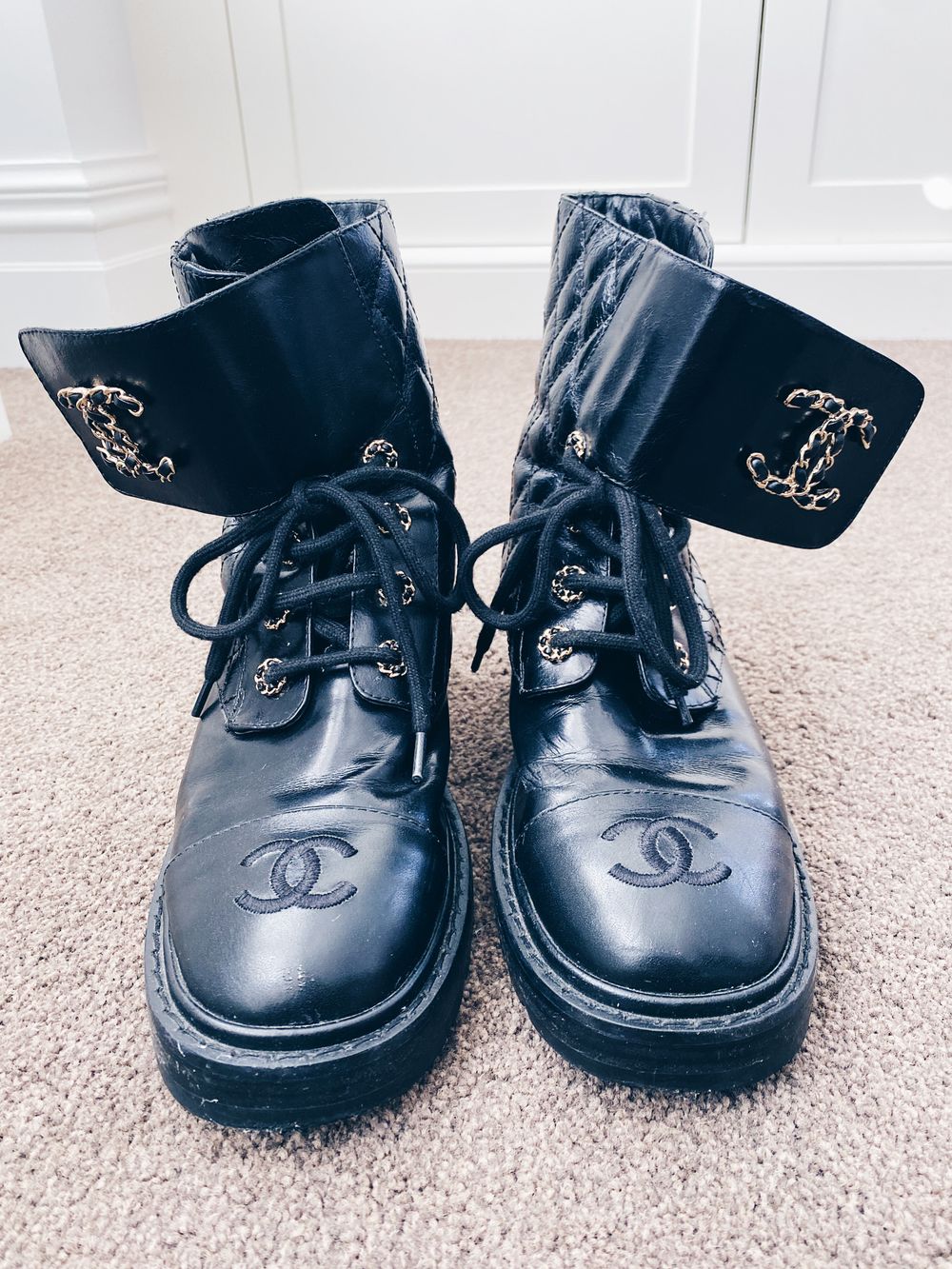 Black Quilted Biker Combat Style Boot
