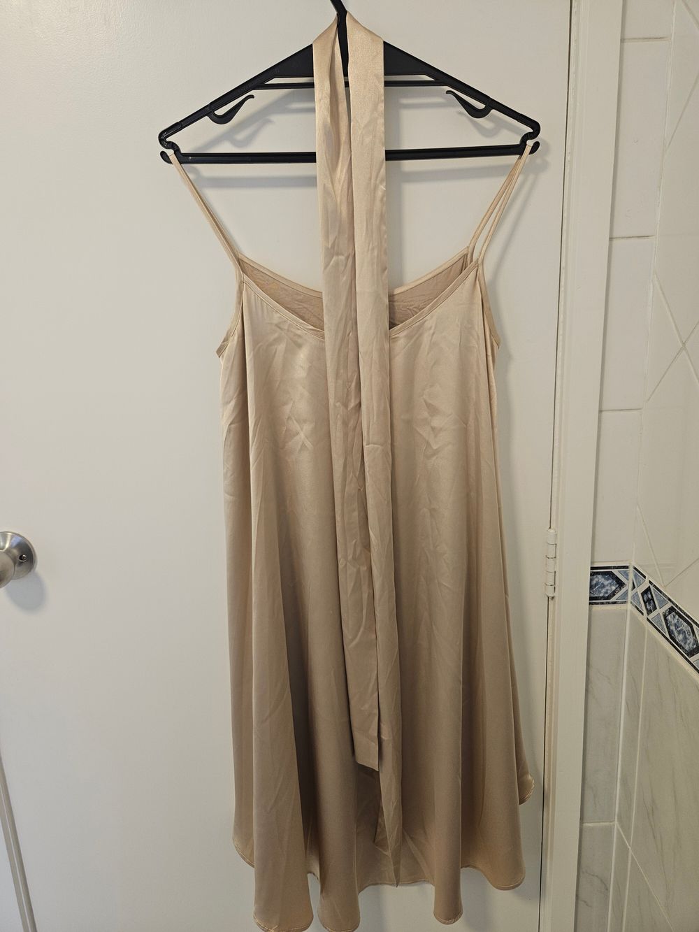Gold Satin Slip Dress With Tie