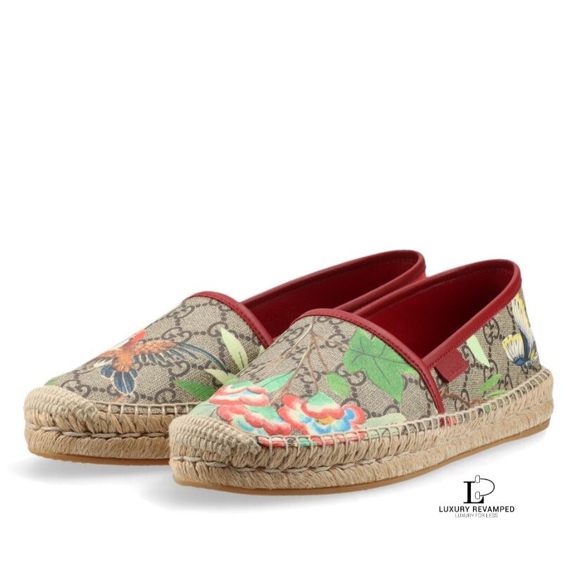 Gucci Beige Multi Tian GG Supreme Monogram Bird Print Espadrille Flats (SE-GG-1064)