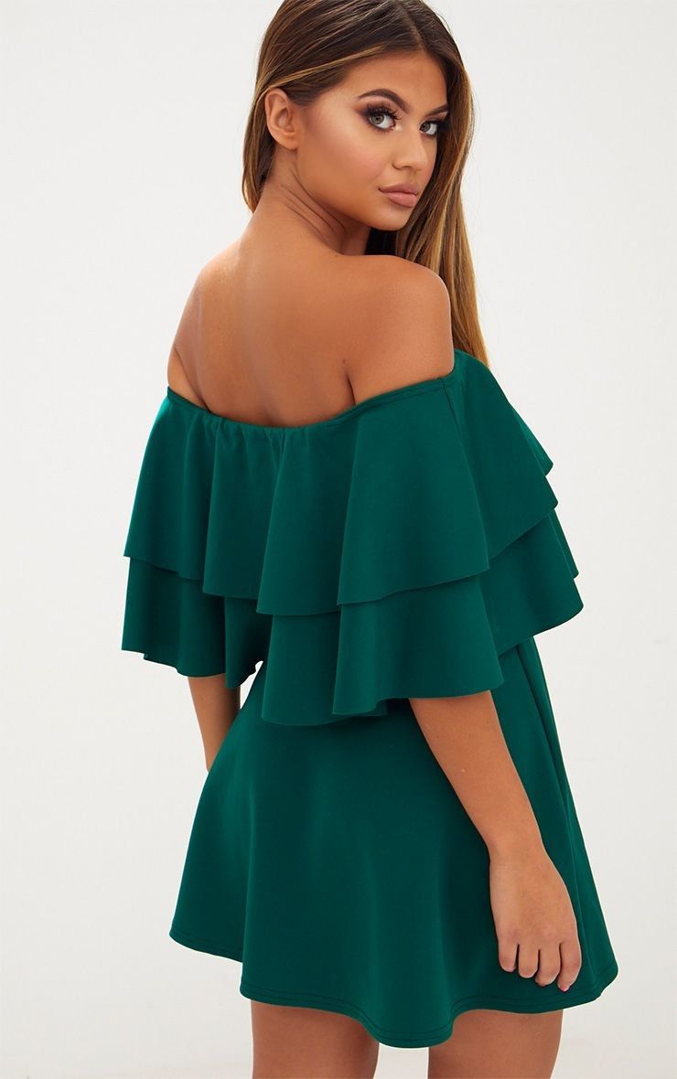PRETTYLITTLETHING - Emerald Green Frill Bardot off shoulder dress on  Designer Wardrobe