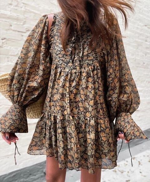 Shona Joy Francine Khaki Brown Floral Pin Tuck Mini Dress-Size 8-  transeasonal, boho indie