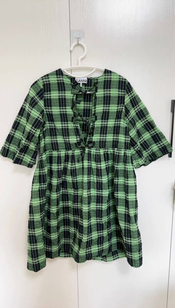 ganni green gingham dress Rent Nobody's Child Green Balloon Sleeve Zora Mini Dress main image 0